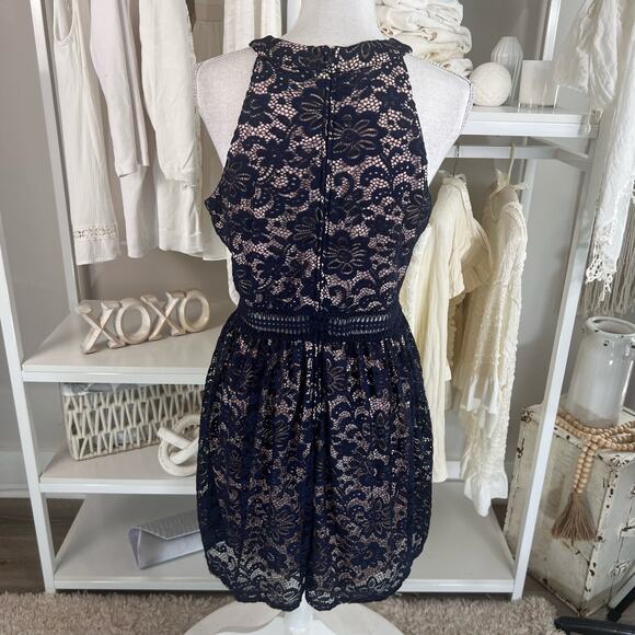 By & By size 13 navy lace over flesh tone halter style dress, Homecoming, #2672 - Picture 4 of 8
